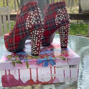 Jeffrey Campbell Red Plaid Spike-Fab Platform Shoes.
